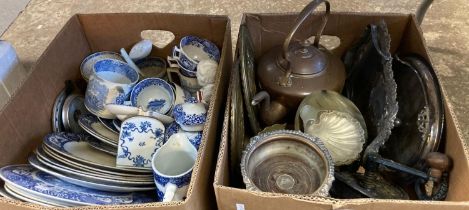 Box of assorted blue and white china, various including: Spode, Staffordshire, 18th century tea