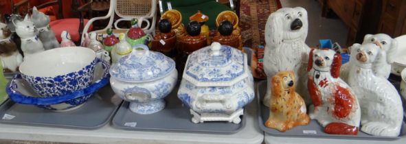 Three trays of china to include: Staffordshire and other pottery fireside seated Spaniels, opaque