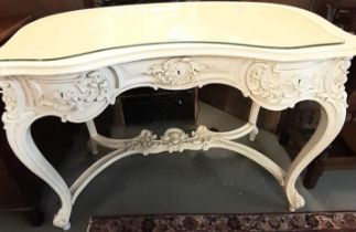 Late 19th early 20th century French design painted kidney shaped console table with glass top. (B.P.