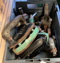 Two boxes of assorted hand tools: blow lamps, irons, salmon catcher, fence puller, heins etc.