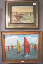 Two marine studies in oils on canvas, coastal scene and dighy racing. (2) (B.P. 21% + VAT)