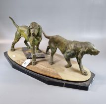 Art Deco spelter group of two gun/hunting dogs on geometric marble base. 51cm long approx. (B.P. 21%