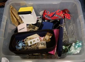 Plastic box of assorted costume jewellery and watches: Swarovski earrings, necklaces, brooches