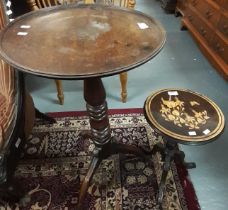 19th century mahogany dish top tilt top tripod wine table together with another smaller wine table