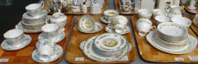 Three trays of Royal Albert teaware to include: foliate design, 'Chelsea Bird' and 'Heather Bell'