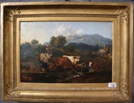 Italian School (19th century), figures and cattle in a landscape. Oils on canvas. 31x43cm approx.