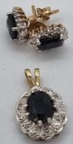 9ct gold sapphire and diamond pendant together with a pair 9ct gold sapphire and diamond earrings.