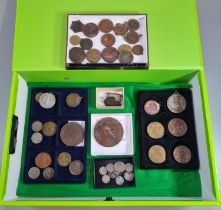 Collection of old tokens, coins, medals, medallions, silver coin brooch, Art Deco silver watch