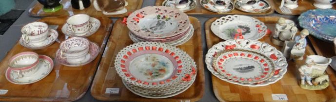 Three trays of mostly 19th Century china to include: pink lustre and other cabinet cups and saucers,