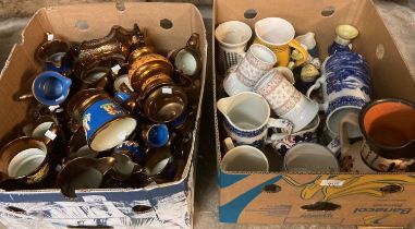 Tray of assorted copper lustre dresser jugs and similar items together with a tray of assorted and