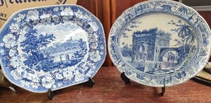 Two 19th century transfer printed blue and white pottery meat plates; one octagonal 'Lancaster'
