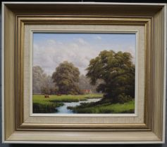 Olga C Garner (Australian), 'By the Water's Edge', an English pastoral river landscape, signed. Oils