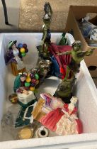 Box of ceramics to include: Royal Doulton 'Balloon Seller' x2, Royal Doulton 'Belle O' The Ball',