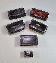 Collection of 18th/19th century snuff boxes, lacquered designs with inlaid decoration etc. (6) (B.P.