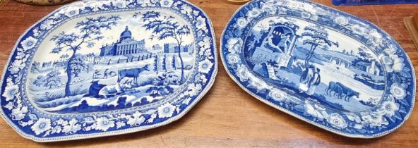 Two 19th century blue and white transfer printed pottery oval meat plates; one a Rogers 'Boston