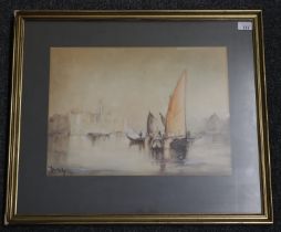 Yashpal (?), study of The Lagoon at Venice, signed. Watercolours. 35x47cm approx. Framed and glazed.