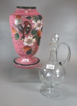 Victorian pink opaline glass painted vase with bird amongst flowers and foliage (32cm high