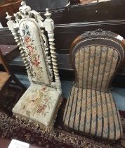 Victorian walnut upholstered bedroom chair on baluster turned legs and ceramic caster together