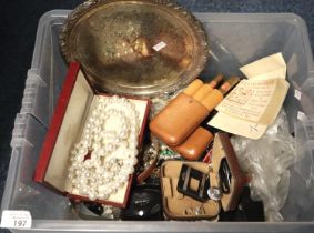 Tub of assorted items to include: silver plated tray, various modern costume jewellery, leather