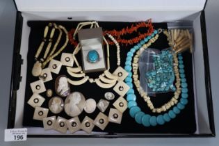 Box comprising assorted jewellery to include: turquoise ring and turquoise necklace, coral necklace,