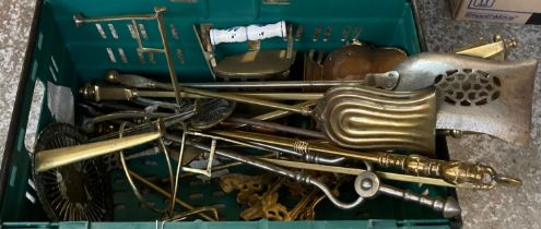 Crate of assorted fire irons and other metalware. (B.P. 21% + VAT)