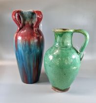 Art Nouveau organic design four handled vase with drip glaze designs, together with another