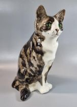 Winstanley pottery model of a seated cat with painted features and glass eyes. 33.5cm high approx.