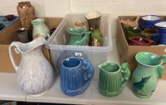 Three boxes of assorted pottery jugs, to include: various Sylvac jugs and other, various. (3) (B.