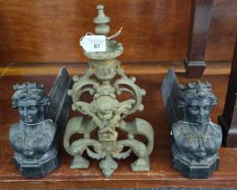 Pair of French Napoleon III firedogs marked 'FEU', together with a brass andiron depicting cherub