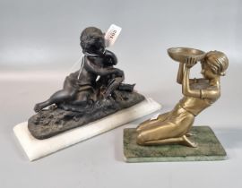 Bronze figure of a young girl reading a book on a naturalistic and alabaster base, together with a