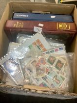Box with All World selection of stamps in stockbook, album and plastic bag plus large range of GB