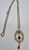 Edwardian design 9ct gold Amethyst and pearl pendant on chain. 7g approx. (B.P. 21% + VAT)