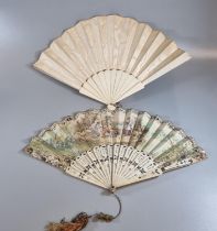 Two antique fans with bone montures, one with a washed silk mount and the other an overpainted paper