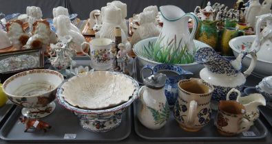 Four trays of china to include: Nicholas Mosse Irish pottery spongeware jugs, various other ewers