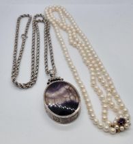 Double pearl necklace with 9ct gold and amethyst clasp together with a silver and blue john stone