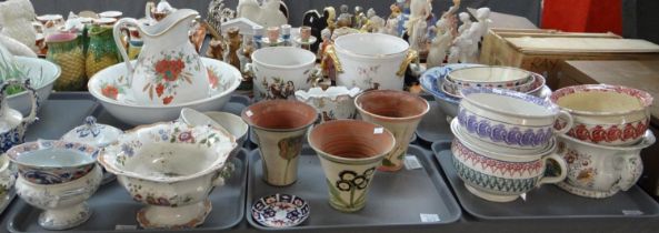 Six trays of china to include: spongeware (possibly Llanelly pottery) chamber pots and bowls,