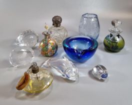 Collection of glass to include: paperweights in the form of a dolphin and rugby ball, scent