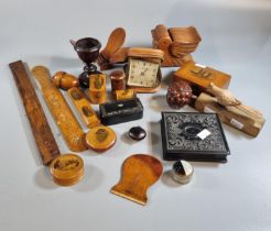 Box of assorted treen to include: Mauchline Ware sewing accessories, pin cushion, needle case etc.