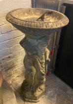 Cast aluminium cherub design pedestal bird bath together with a reconstituted stone figure mounted