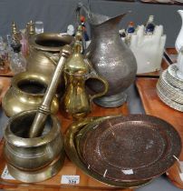 Tray of metalware to include: brass mortar and pestle, two brass Pakistani spitoons, Iranian