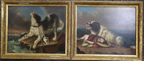 After Landseer (19th century), 'Shipwrecked' and 'Saved', two small studies of Newfoundland dogs.