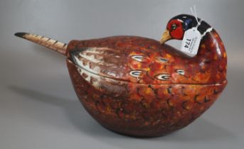 Mancer Italian ceramic pheasant design soup tureen with ladle and lid, hand painted with glass eyes.
