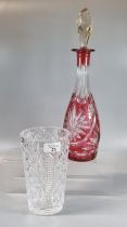 Waterford lead crystal 'Clare' waisted vase. 20cm high approx. Together with a cranberry flash cut