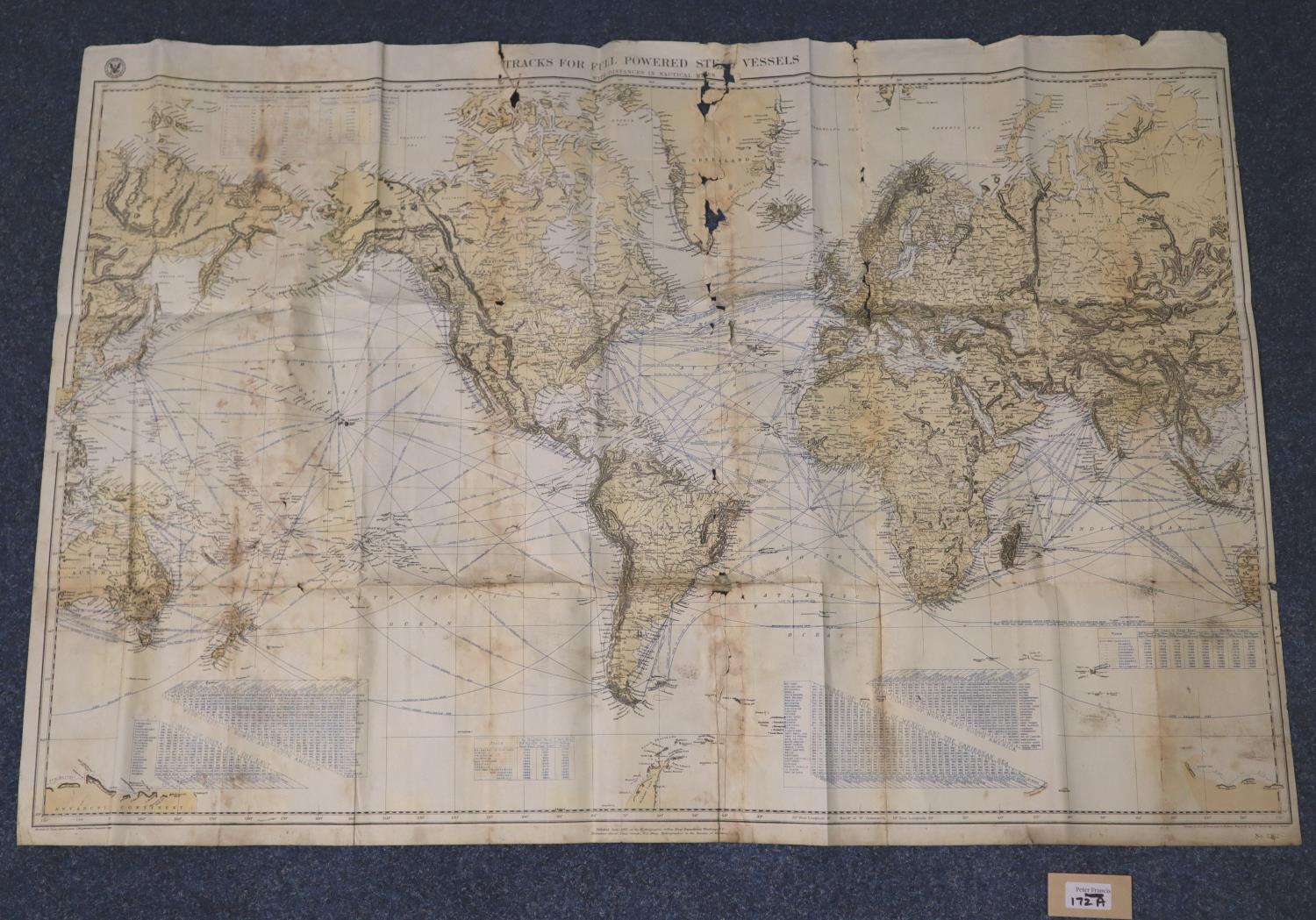 Paper foldable World map "Tracks for Full Powered Steam Vessels"Printed 1891 by Hydrographic Office,