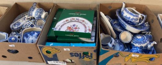 Three boxes of assorted Spode and other blue and white china to include: Chinese rose porcelain