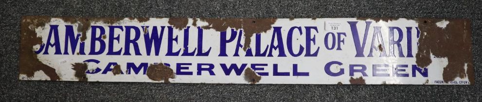 Vintage enamelled metal advertising sign 'Camberwell Palace of Variety, Camberwell Green'.