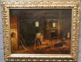 British school (19th century), figure working in a barn with cow and calf. Oils on board. 24x314cm