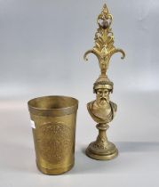 Brass cast of a a Greek Warrior on pedestal base with associated head piece, together with a brass