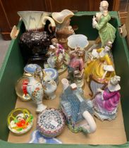 Tray of assorted china to include: continental porcelain figurines, toby jugs, millefiori