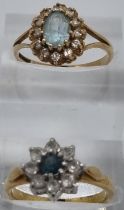 9ct gold blue and clear stone cluster dress ring. 2.3g approx. Size O, together with a gold plated